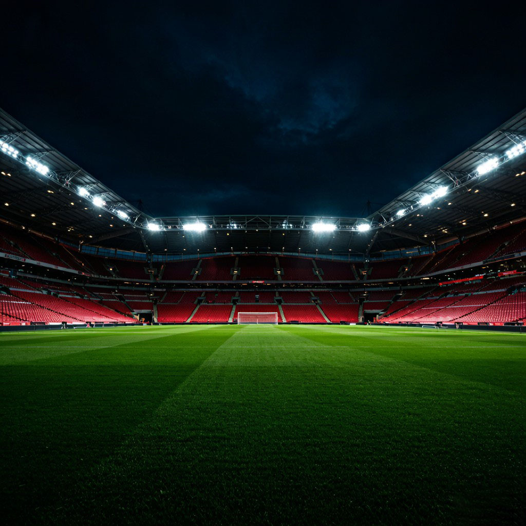 Floodlit football stadium at night