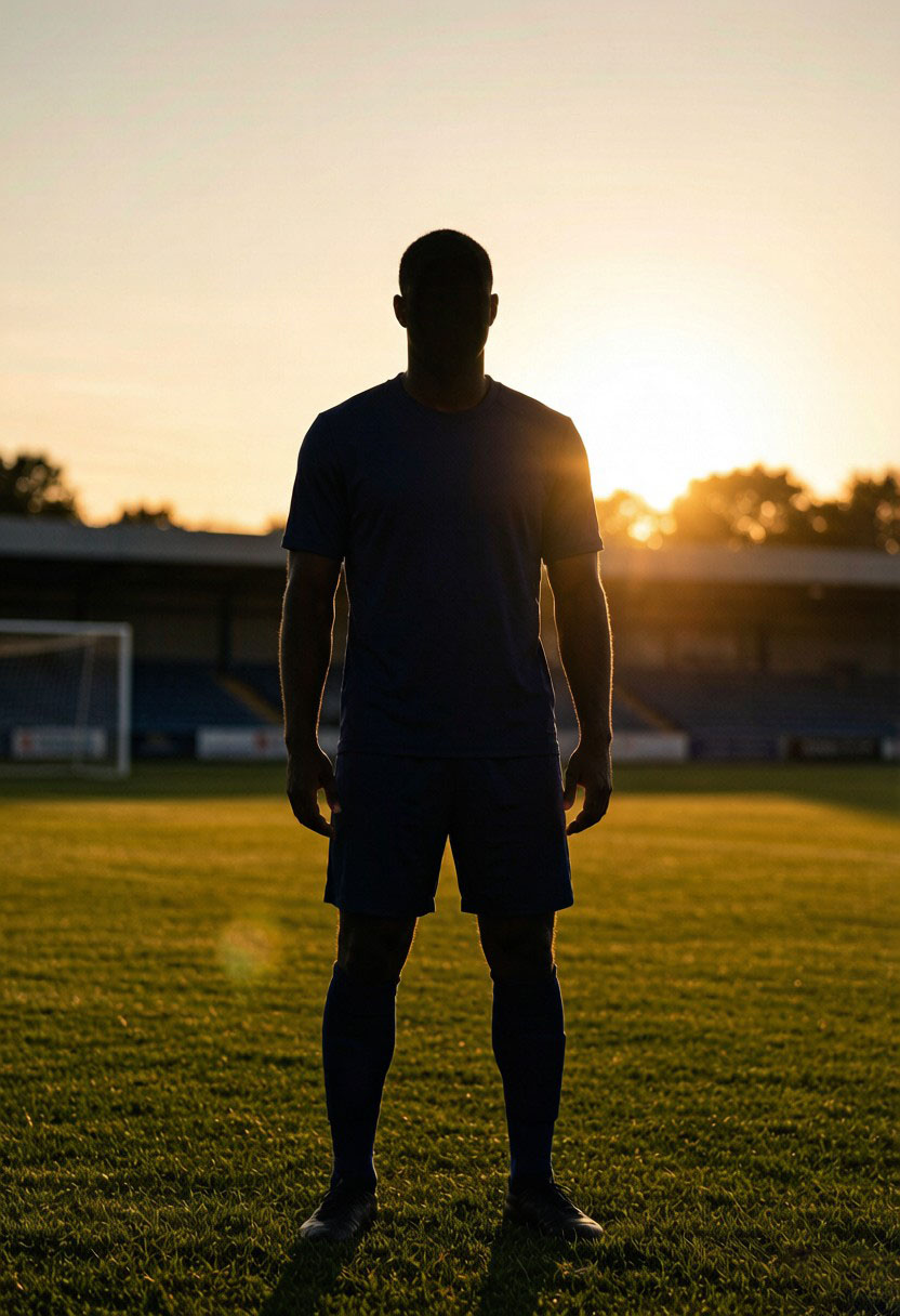 Player in a navy jersey on the pitch at sunset