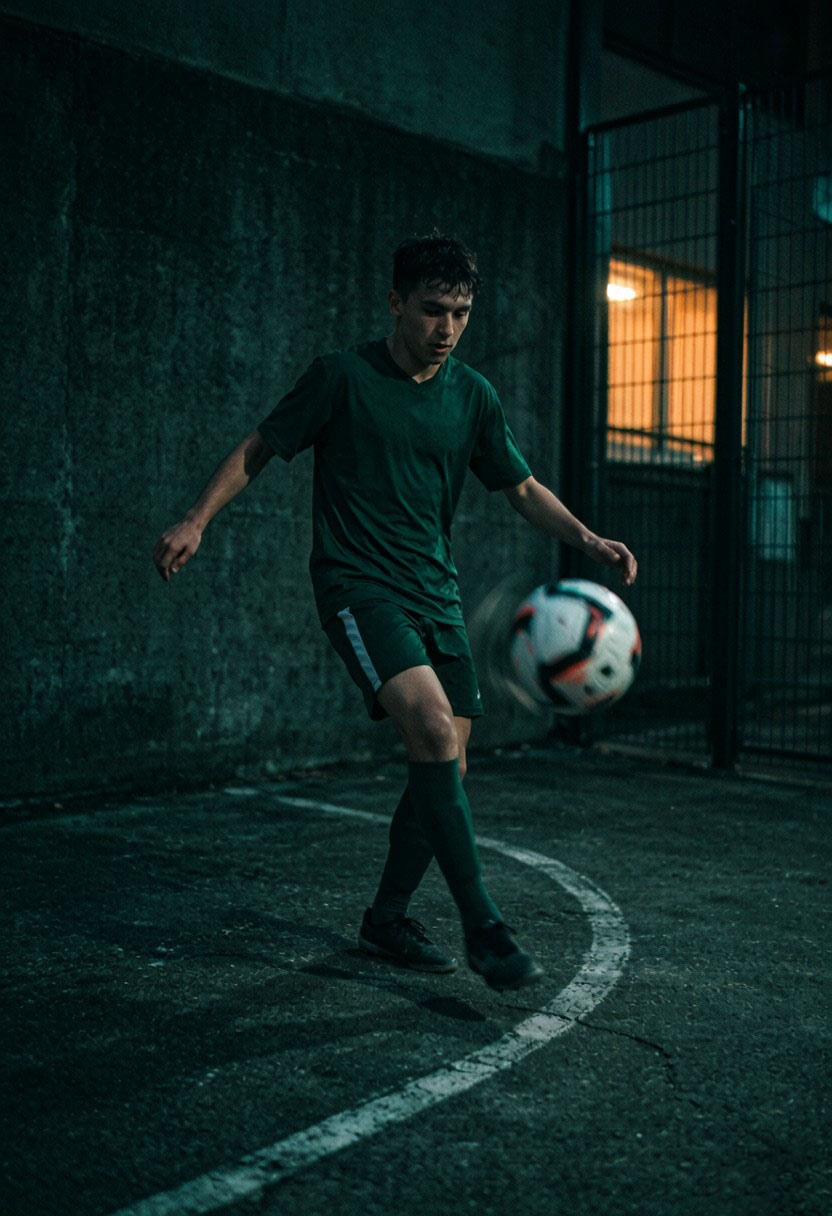 Footballer in a green jersey on an urban court